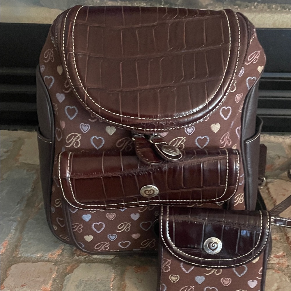 Brighton Julia heart canvas with Croc embossed leather backpack w/wallet